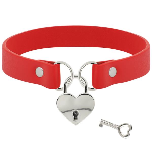 RED VEGAN LEATHER NECKLACE WITH HEART ACCESSORY WITH KEY