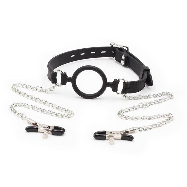 RING GAG WITH CHAINS AND NIPPLE CLAMPS