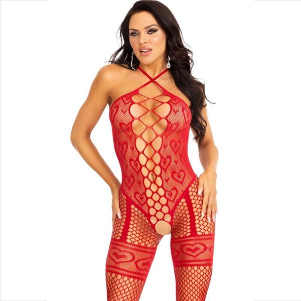 BODYSTOCKING NECK HALTER RED HEARTS RED