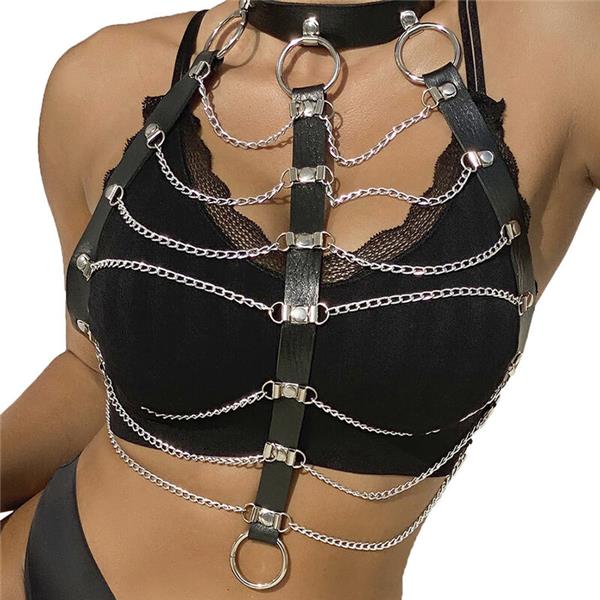 CHEST HARNESS LEATHER CHAINS BLACK ONE SIZE