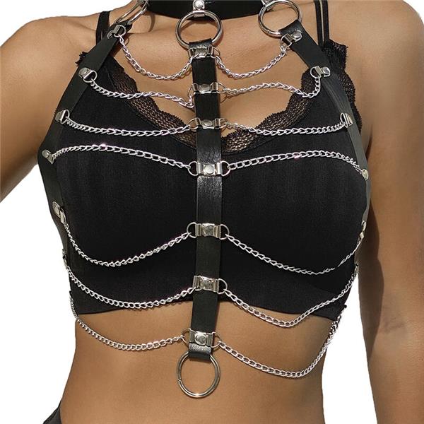 CHEST HARNESS LEATHER CHAINS BLACK ONE SIZE