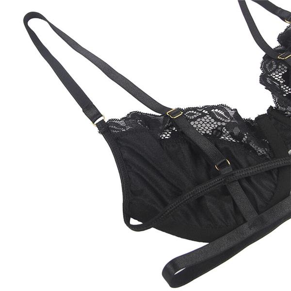 SET OF 3 PIECES BRA + THONG + LACE GARTER BLACK S/M