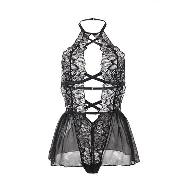 TEDDY HALTER NECK BARE BACK LACE BLACK S/M