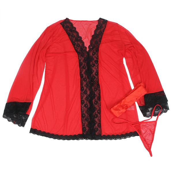 TRANSPARENT FABRIC ROBE WITH LACE DETAIL RED S/M