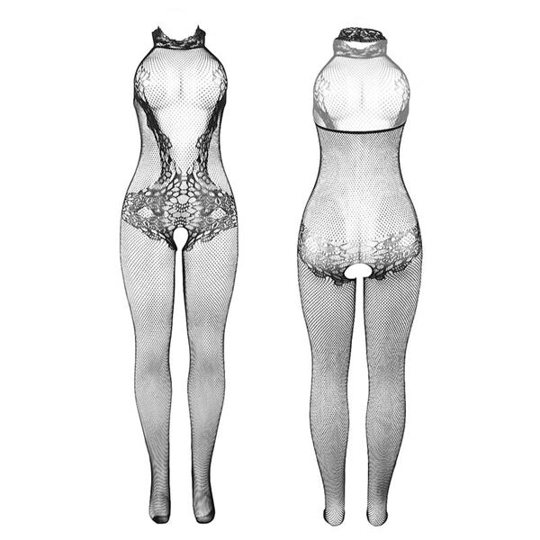 951801 RIBJA IN ČIPKASTA OBLEKA BREZ MEDICINE Z VISOKIM OVRATNIKOM ČRNA ENA VELIKOST