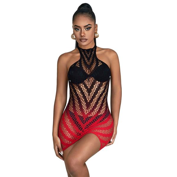 952242 RED AND BLACK DEGRADED ELASTIC FISHNET DRESS ONE SIZE