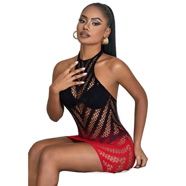 952242 RED AND BLACK DEGRADED ELASTIC FISHNET DRESS ONE SIZE