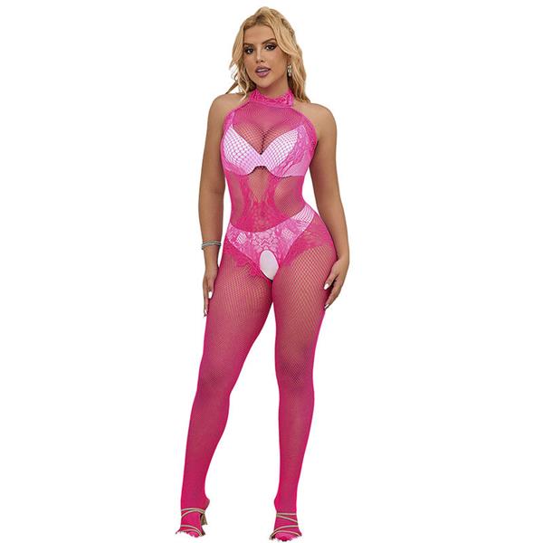 952389 FISHNET AND LACE CROTCHLESS BODYSTOCKING WITH HIGH NECK PINK ONE SIZE