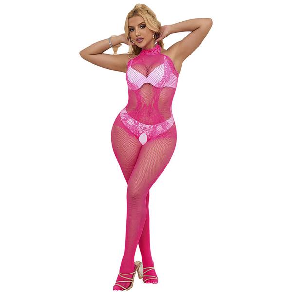 952389 FISHNET AND LACE CROTCHLESS BODYSTOCKING WITH HIGH NECK PINK ONE SIZE
