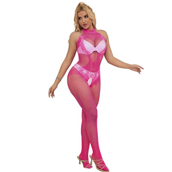 952389 FISHNET AND LACE CROTCHLESS BODYSTOCKING WITH HIGH NECK PINK ONE SIZE