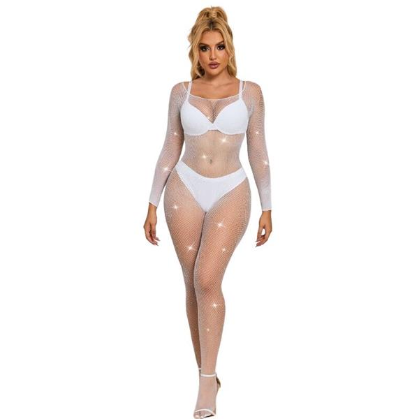 952396 FISHNET BODYSTOCKING WITH DIAMONDS LONG SLEEVE WHITE ONE SIZE