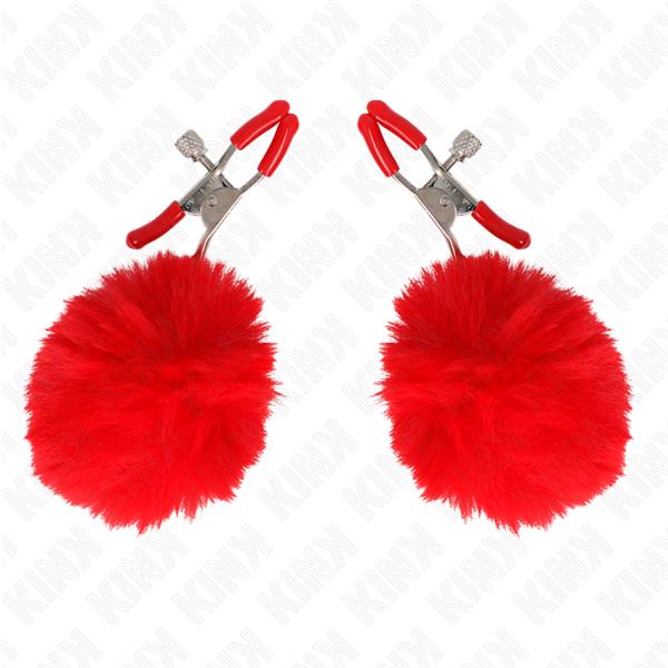 FAUX FUR BALL NIPPLE CLAMP RED 6 CM