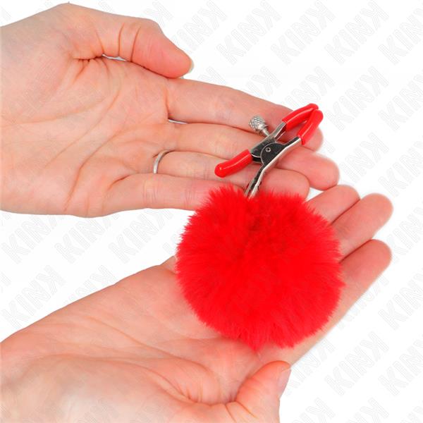 FAUX FUR BALL NIPPLE CLAMP RED 6 CM