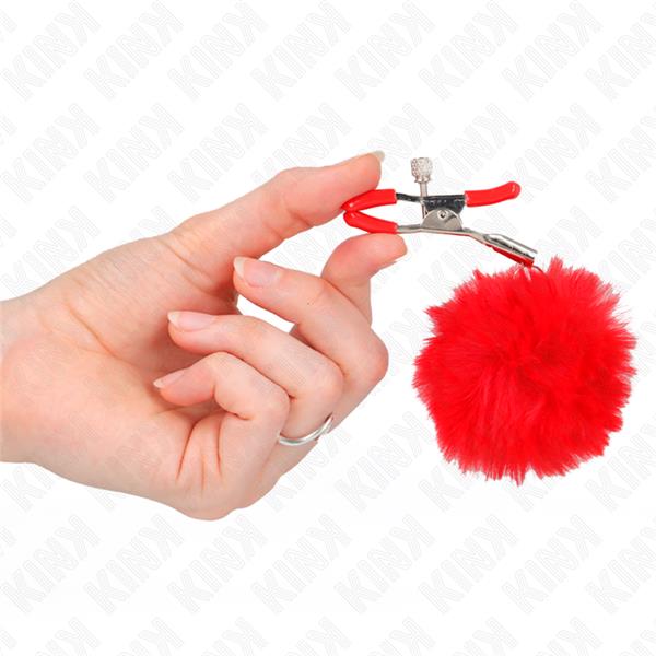 FAUX FUR BALL NIPPLE CLAMP RED 6 CM