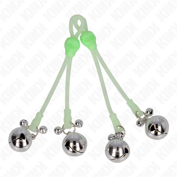 LUMINOUS SKULL NIPPLE CLAMPS WITH RING BELLS ADJUSTABLE GREEN / SILVER