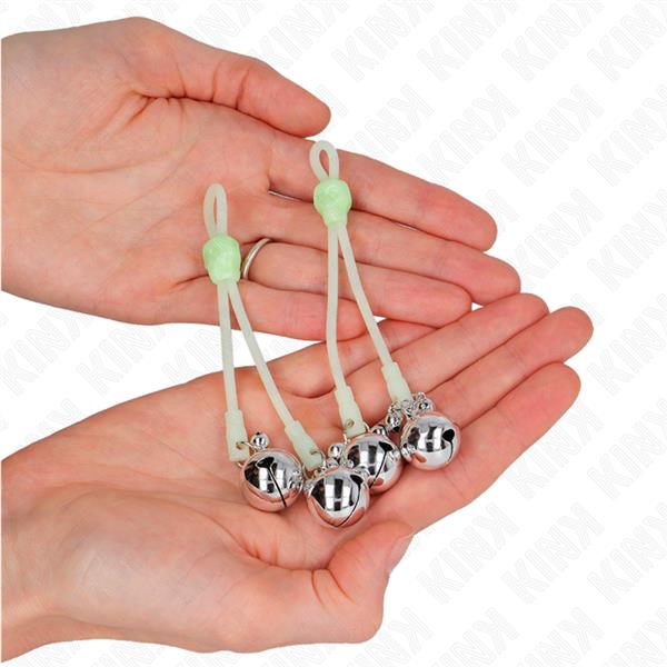 LUMINOUS SKULL NIPPLE CLAMPS WITH RING BELLS ADJUSTABLE GREEN / SILVER