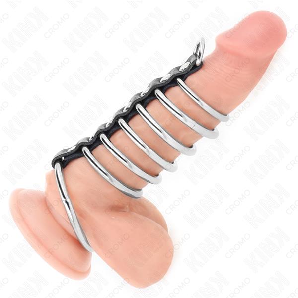 7 METAL PENIS RINGS 3.2 CM TO 5 CM CONNECTED BY LEATHER