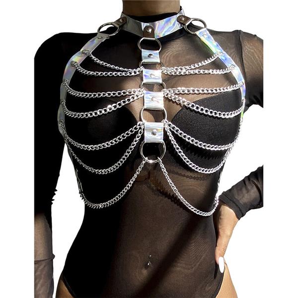 953737 CHEST HARNESS WITH RINGS AND CHAINS SILVER ONE SIZE
