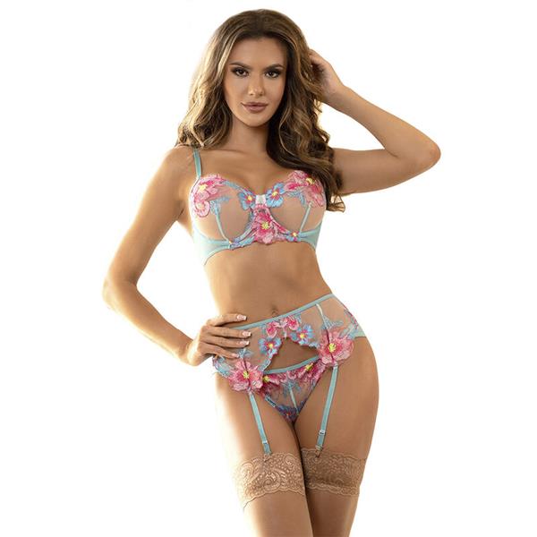 954109 BRA + PANTIES WITH GARTER BELT FLORAL DESIGN BLUE S/M
