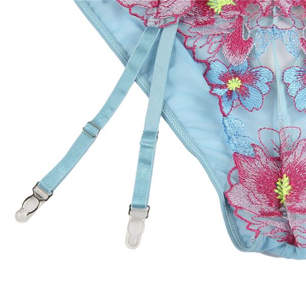 954109 BRA + PANTIES WITH GARTER BELT FLORAL DESIGN BLUE S/M
