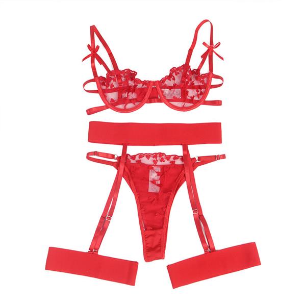 954338 HEART PRINT BRA + THONG + GARTER BELT RED L/XL