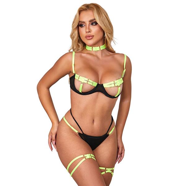 955274 BRA SET WITH NECKLACE AND LEG DETAILS FLUORESCENT GREEN S/M