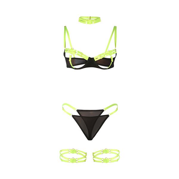 955274 BRA SET WITH NECKLACE AND LEG DETAILS FLUORESCENT GREEN S/M