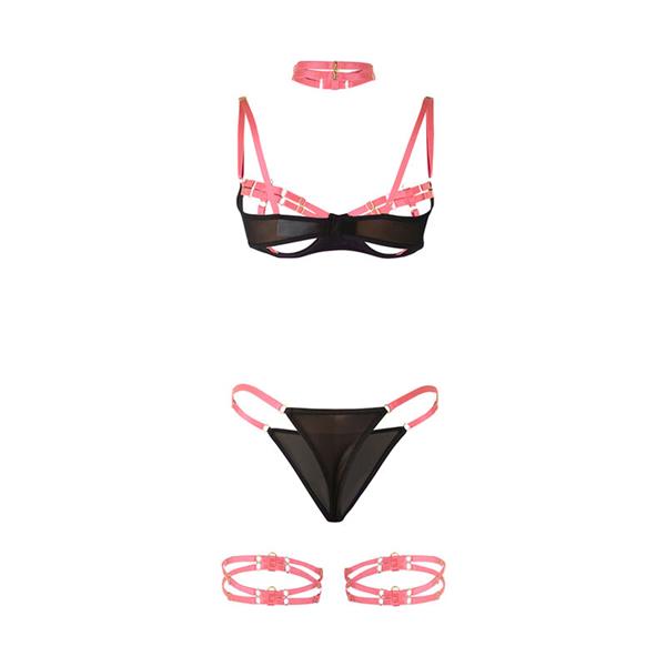 955304 BRA SET WITH NECKLACE AND LEG DETAILS FLUORESCENT PINK L/XL