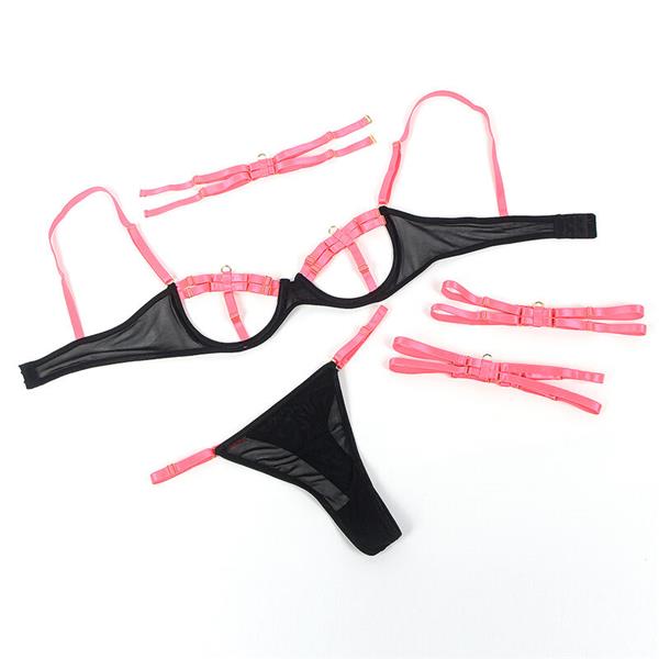 955304 BRA SET WITH NECKLACE AND LEG DETAILS FLUORESCENT PINK L/XL