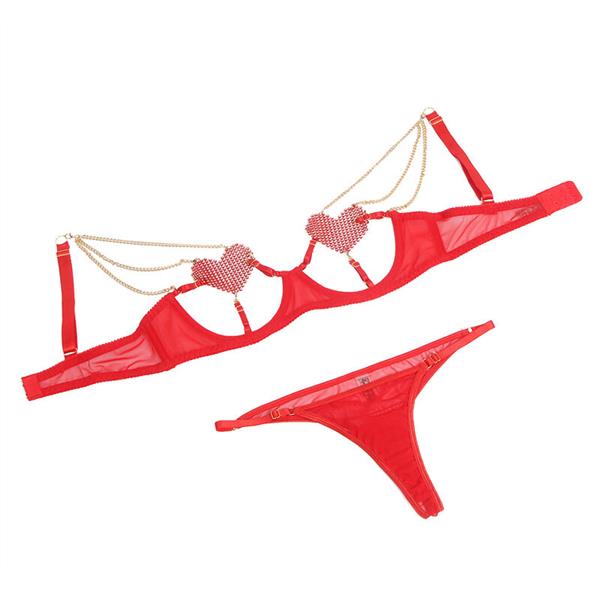 955519 BRA SET WITH CHAINS AND MESH HEART RED S/M