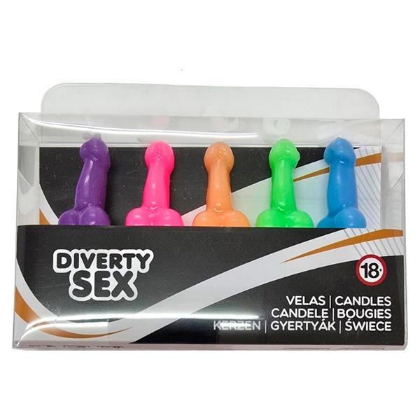 BOX OF 5 PENIS-SHAPED CANDLES IN DIFFERENT COLORS