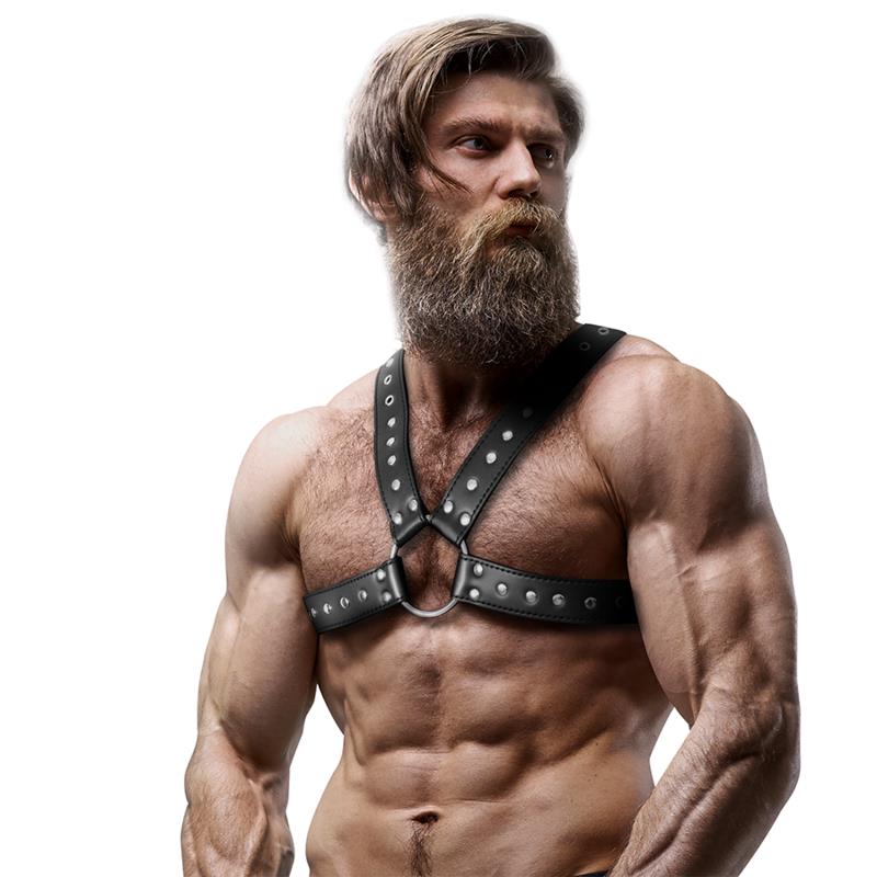 MENS CROSS-OVER ECO-LEATHER CHEST HARNESS WITH STUDS