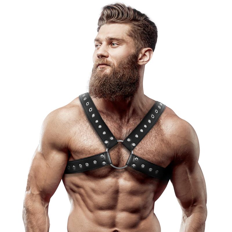 MENS CROSS-OVER ECO-LEATHER CHEST HARNESS WITH STUDS