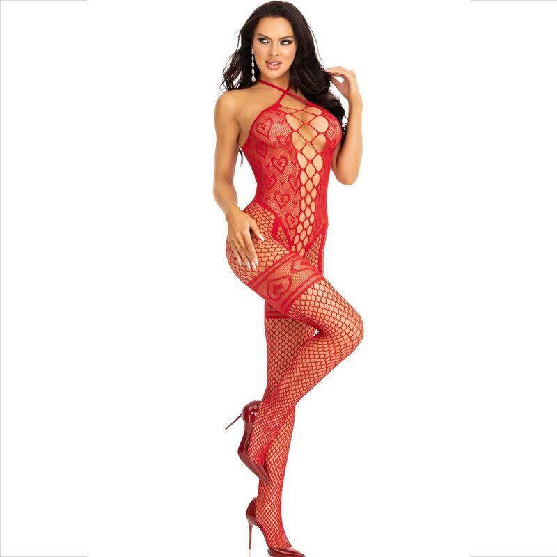 BODYSTOCKING NECK HALTER RED HEARTS RED
