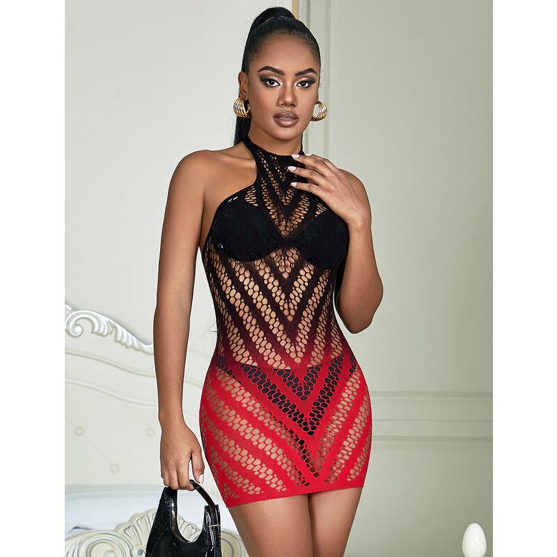 952242 RED AND BLACK DEGRADED ELASTIC FISHNET DRESS ONE SIZE