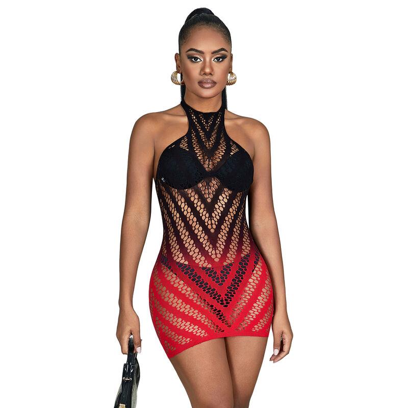 952242 RED AND BLACK DEGRADED ELASTIC FISHNET DRESS ONE SIZE