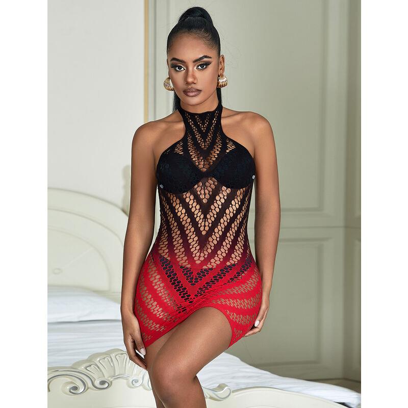 952242 RED AND BLACK DEGRADED ELASTIC FISHNET DRESS ONE SIZE