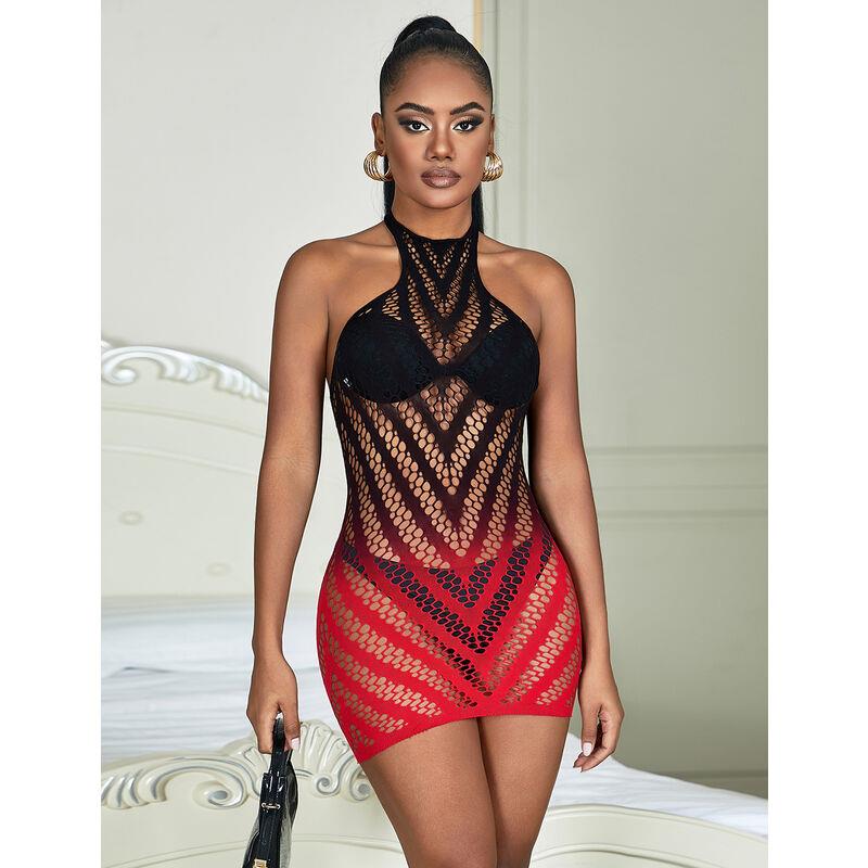 952242 RED AND BLACK DEGRADED ELASTIC FISHNET DRESS ONE SIZE