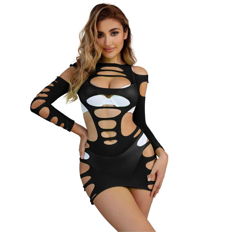 952266 LONG SLEEVE ELASTIC FISHNET DRESS BLACK ONE SIZE