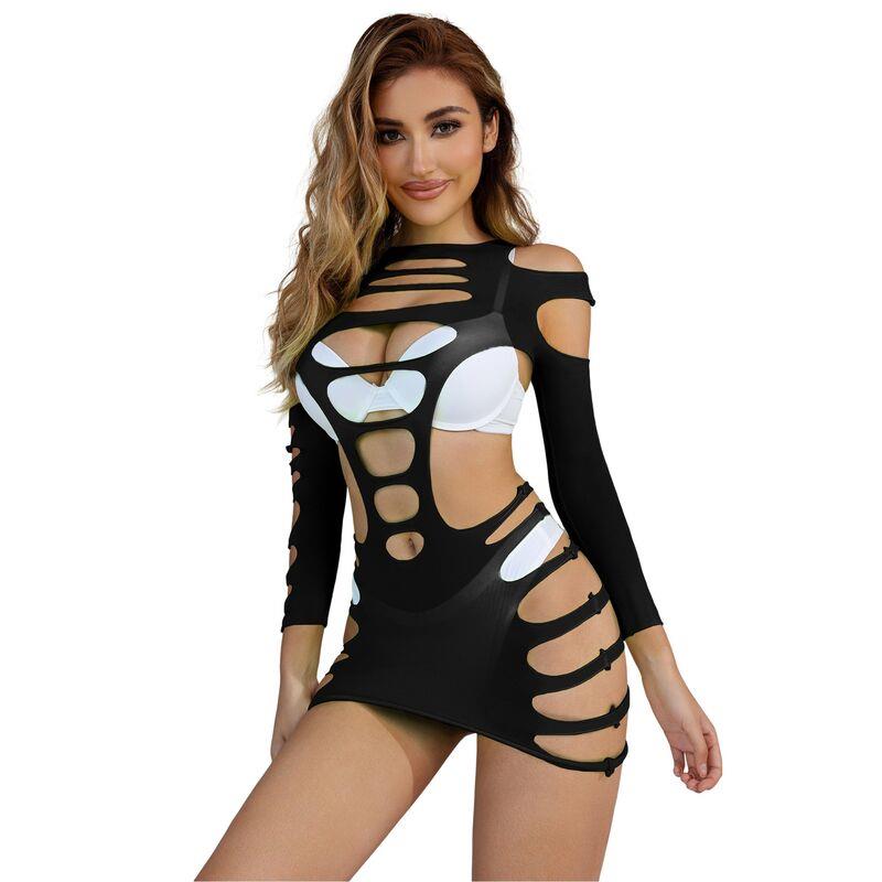 952266 LONG SLEEVE ELASTIC FISHNET DRESS BLACK ONE SIZE