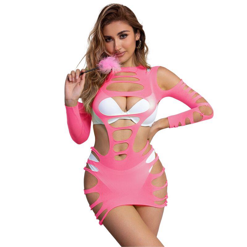 952273 LONG SLEEVE ELASTIC FISHNET DRESS PINK ONE SIZE
