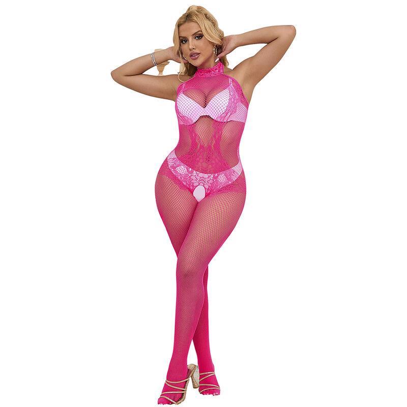 952389 FISHNET AND LACE CROTCHLESS BODYSTOCKING WITH HIGH NECK PINK ONE SIZE