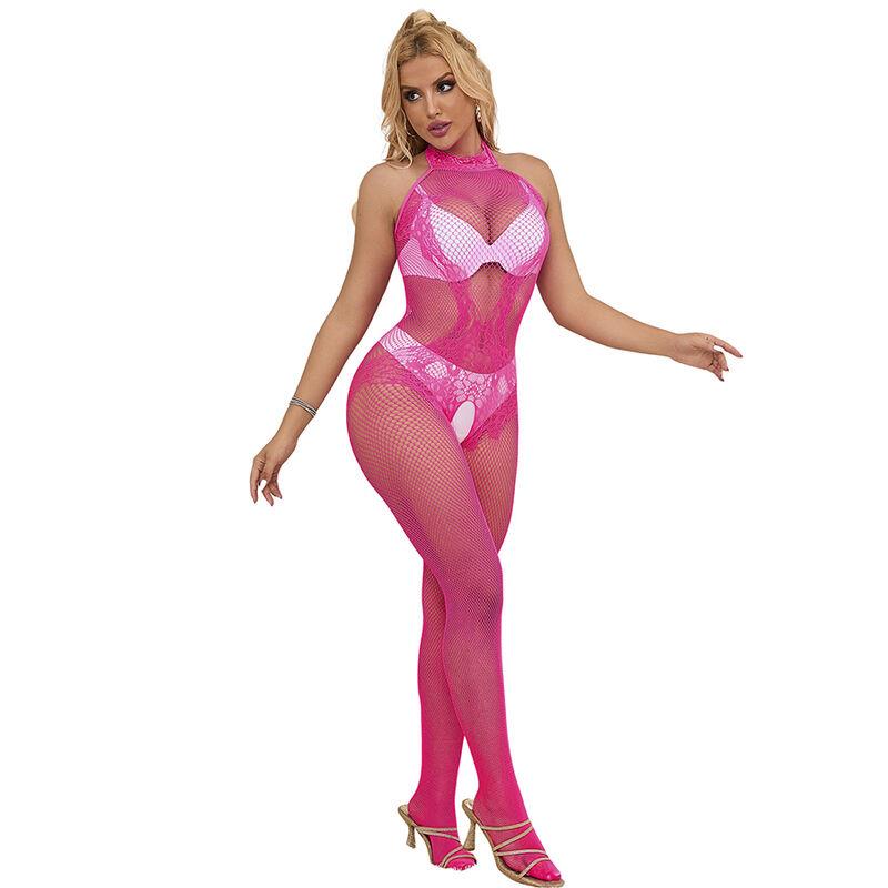 952389 FISHNET AND LACE CROTCHLESS BODYSTOCKING WITH HIGH NECK PINK ONE SIZE