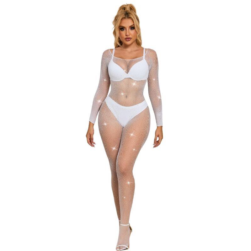 952396 FISHNET BODYSTOCKING WITH DIAMONDS LONG SLEEVE WHITE ONE SIZE