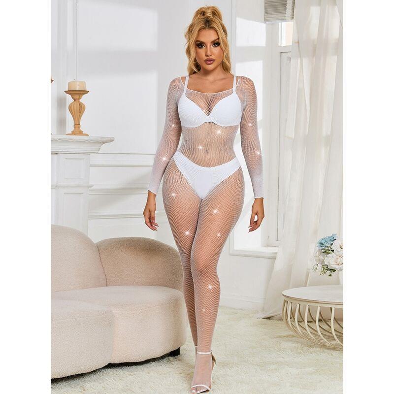952396 FISHNET BODYSTOCKING WITH DIAMONDS LONG SLEEVE WHITE ONE SIZE