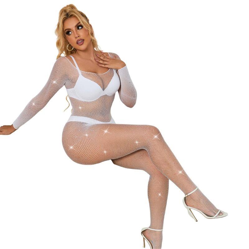 952396 FISHNET BODYSTOCKING WITH DIAMONDS LONG SLEEVE WHITE ONE SIZE
