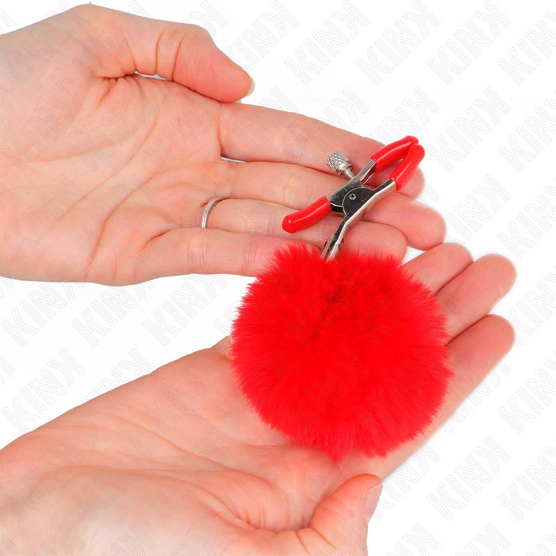 FAUX FUR BALL NIPPLE CLAMP RED 6 CM