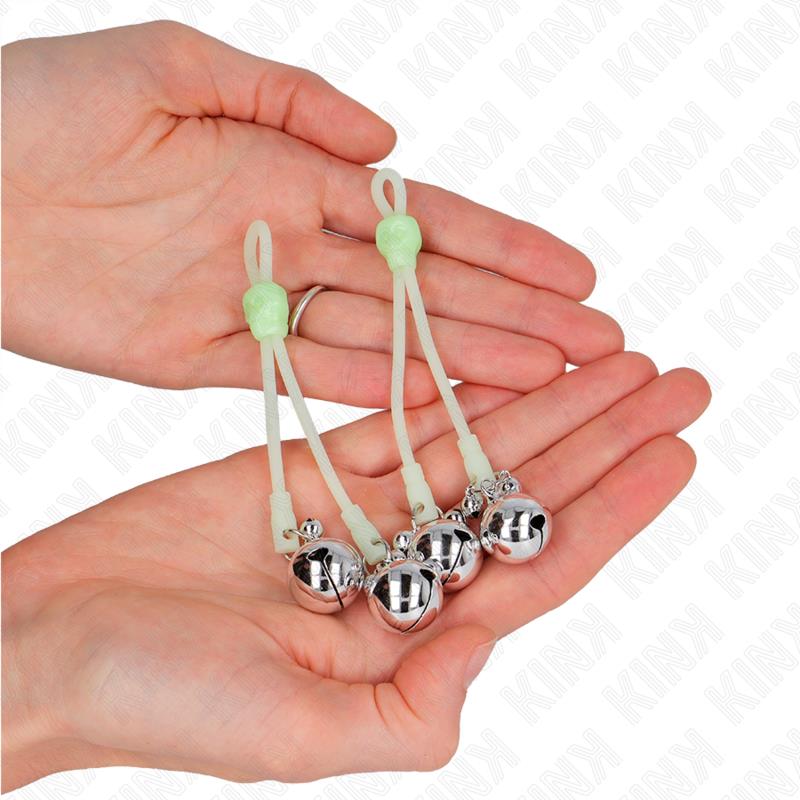 LUMINOUS SKULL NIPPLE CLAMPS WITH RING BELLS ADJUSTABLE GREEN / SILVER