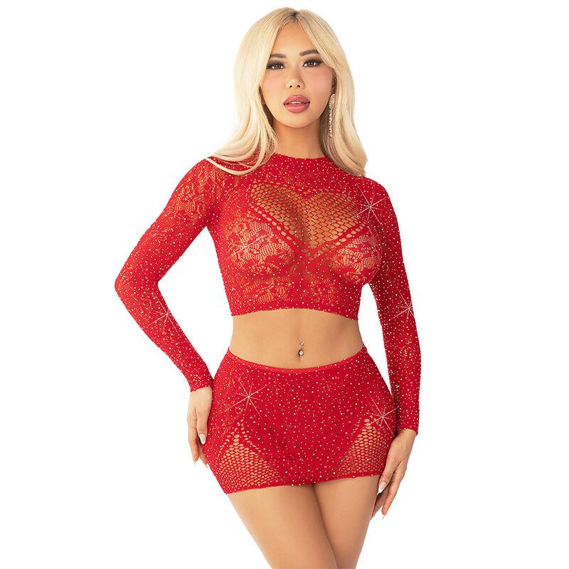 SHINY NET CROP + MINI SKIRT RED