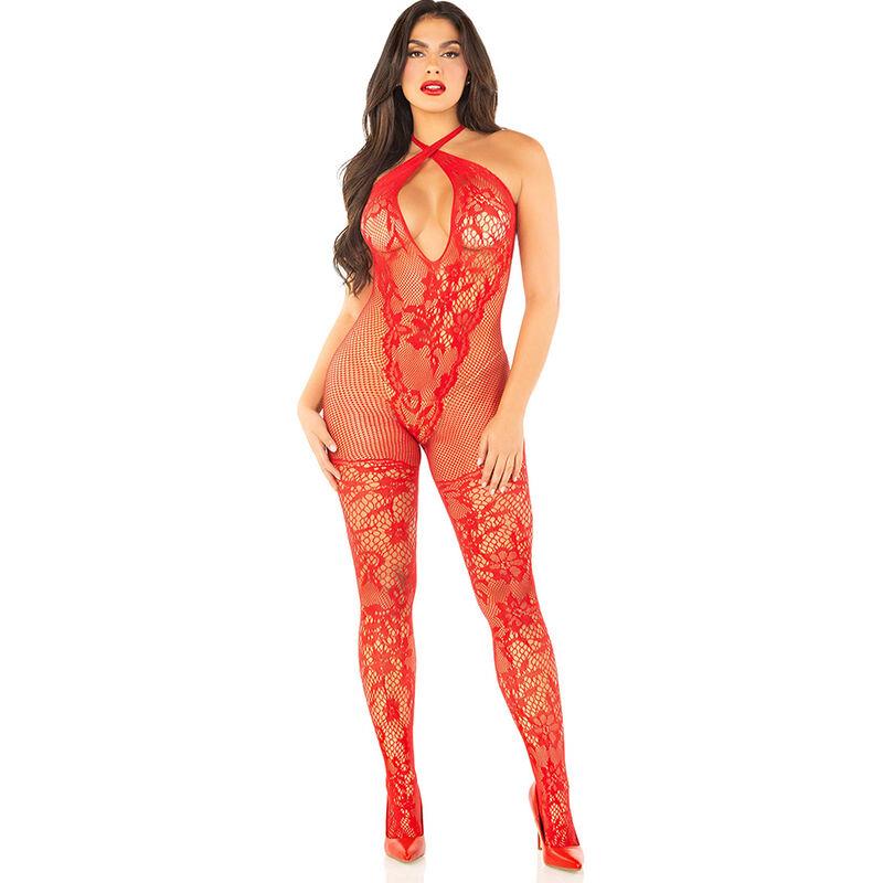 FLOWER PRINT MESH BODYSTOCKING RED ONE SIZE